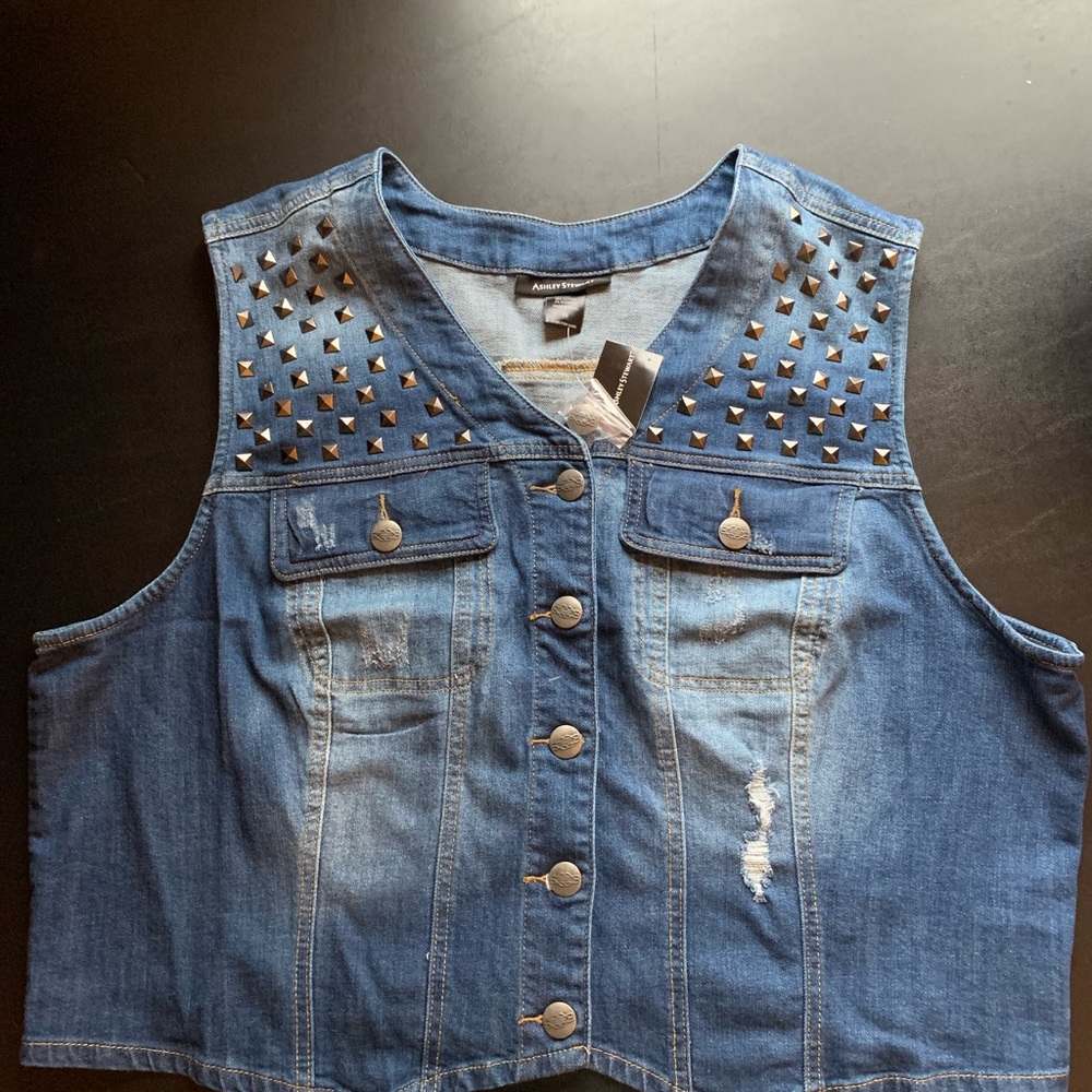 Ashley Stewart distressed Blue Denim Vest with Silver Accents.  NWT. Size 26